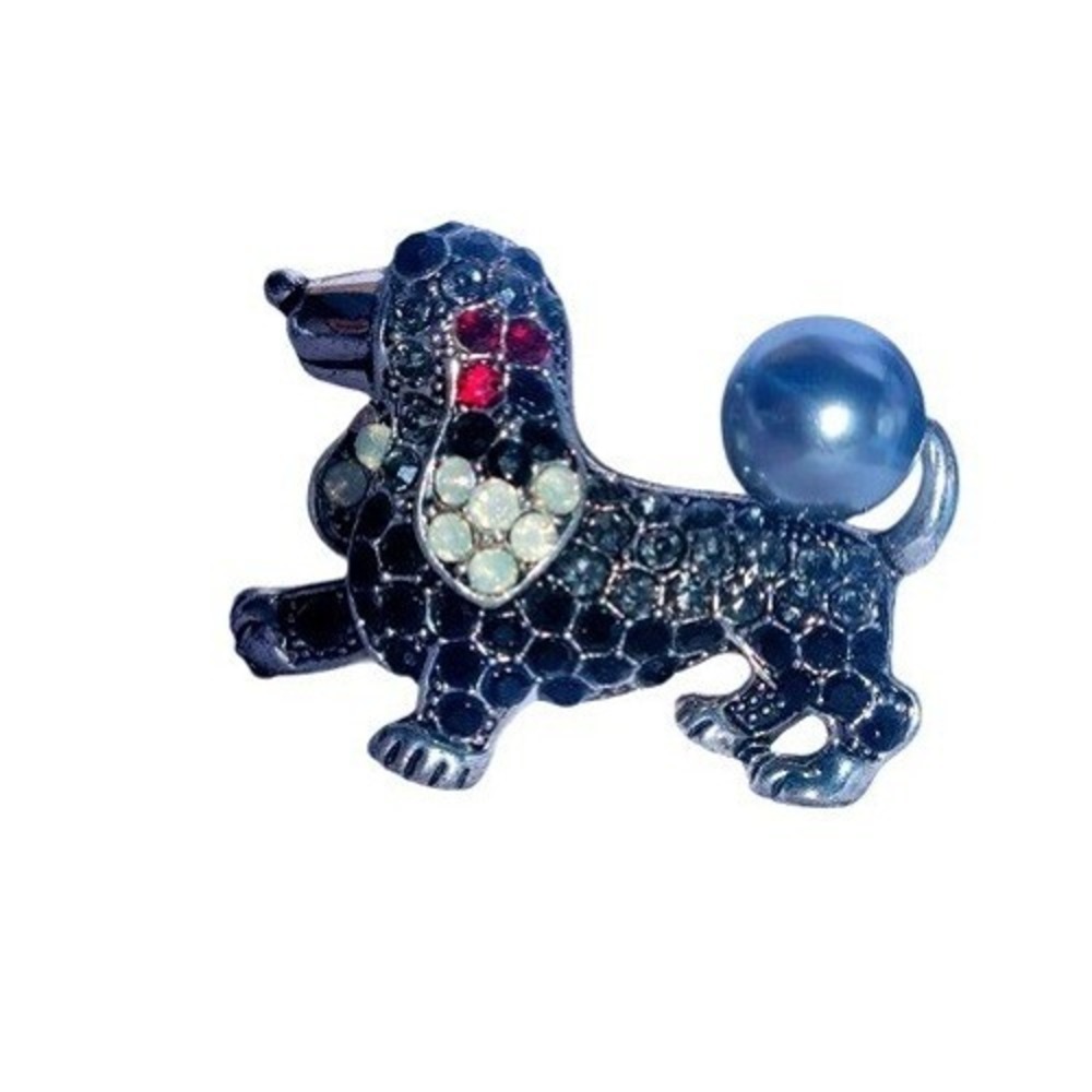 Vintage Sparkling Dachshund Dog Brooch Pin Rhinestone Pearl Adorable Pet Jewelry